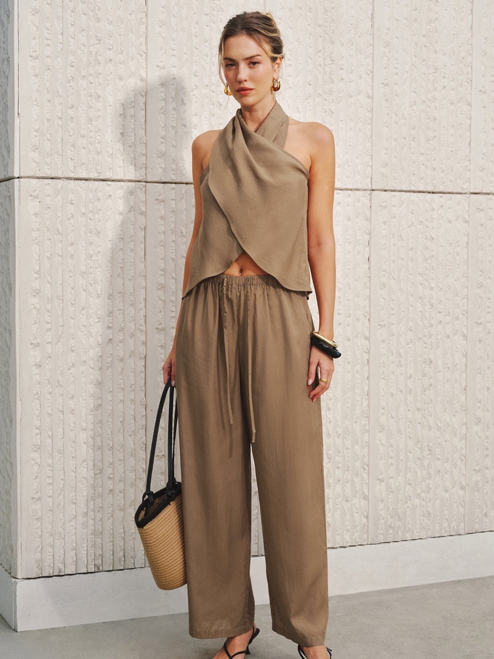 Commense Semi-Sheer Halter Neck Top & Wide Leg Pants Set - Brown - Picture 6 of 11
